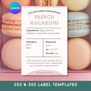 May include: A box of French macarons with a label that reads "Wildflower Bakehouse French Macarons." The label lists ingredients, allergens, and net weight of 5oz. The macarons are in various colors, including pink, white, and peach.
