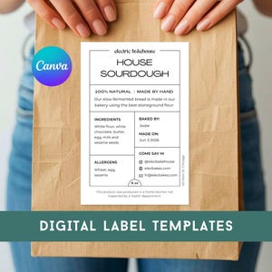 以下が含まれることがあります： 「HOUSE SOURDOUGH」と材料の詳細が記載された白いラベルが付いた茶色の紙袋。ラベルには「100％ NATURAL」と「手作り」の文字が含まれています。 Canvaのロゴがバッグに表示されています。