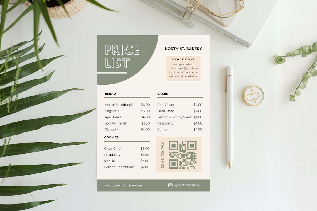 Bakery Price List Template | Editable Canva Menu Sign for Cottage Food ...