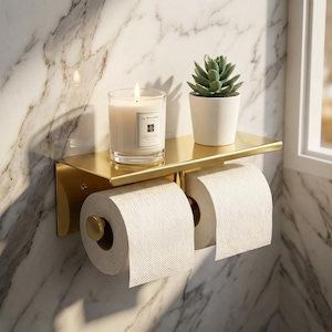 Porta-papel higiênico dourado com prateleira | Suporte de parede para dois rolos de papel higiênico | Organizador de banheiro | Prateleira para celular | Acabamento em latão