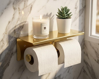 Gold Toilet Paper Holder with Shelf | Wall Mount Double Roll Tissue Holder | Bathroom Storage Organizer | Phone Shelf | Brass Finish