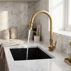 Może przedstawiać: Złota bateria kuchenna z wysoką wylewką w kształcie łuku, dozująca wodę do czarnego zlewu. Bateria jest ustawiona na tle białych marmurowych blatów i marmurowej ściany. Widoczne są inne akcesoria kuchenne.