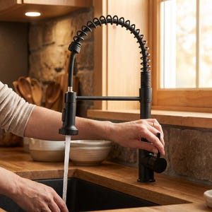 Może przedstawiać: Czarna bateria kuchenna z szyjką ze sprężyną spiralną i wyciąganym spryskiwaczem. Bateria jest zamontowana na drewnianym blacie z czarnym zlewozmywakiem. Woda leci z kranu.