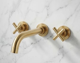 Geborsteld goud wandmontage badkamerkraan massief messing warm en koud wastafelmengkraan dubbele kruisgreep wastafelkraan