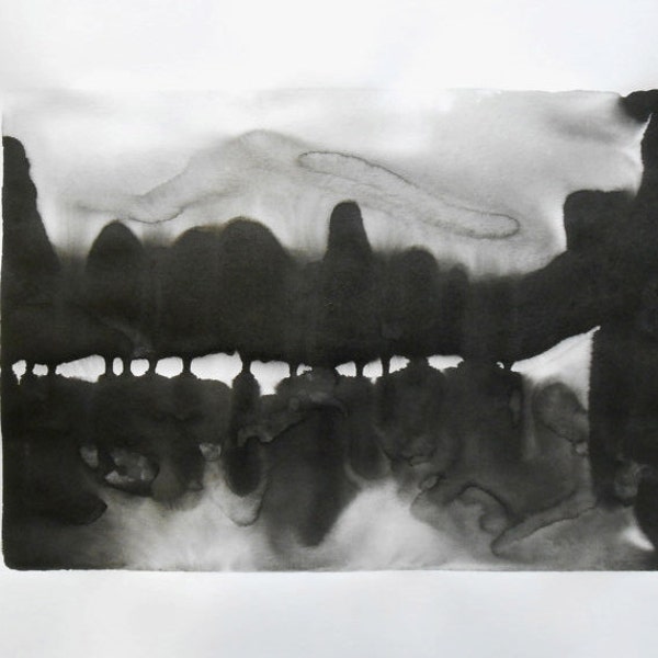 A2 Modern Abstract Black and White Ink Wash Painting 16.5x23.4 " River Between 321"