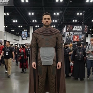 May include: A brown long-sleeved tunic with a matching cape, featuring a light grey rectangular chest plate and dark brown rectangular accents on the shoulders and thighs. The garment is worn with matching brown trousers in a coordinated set.