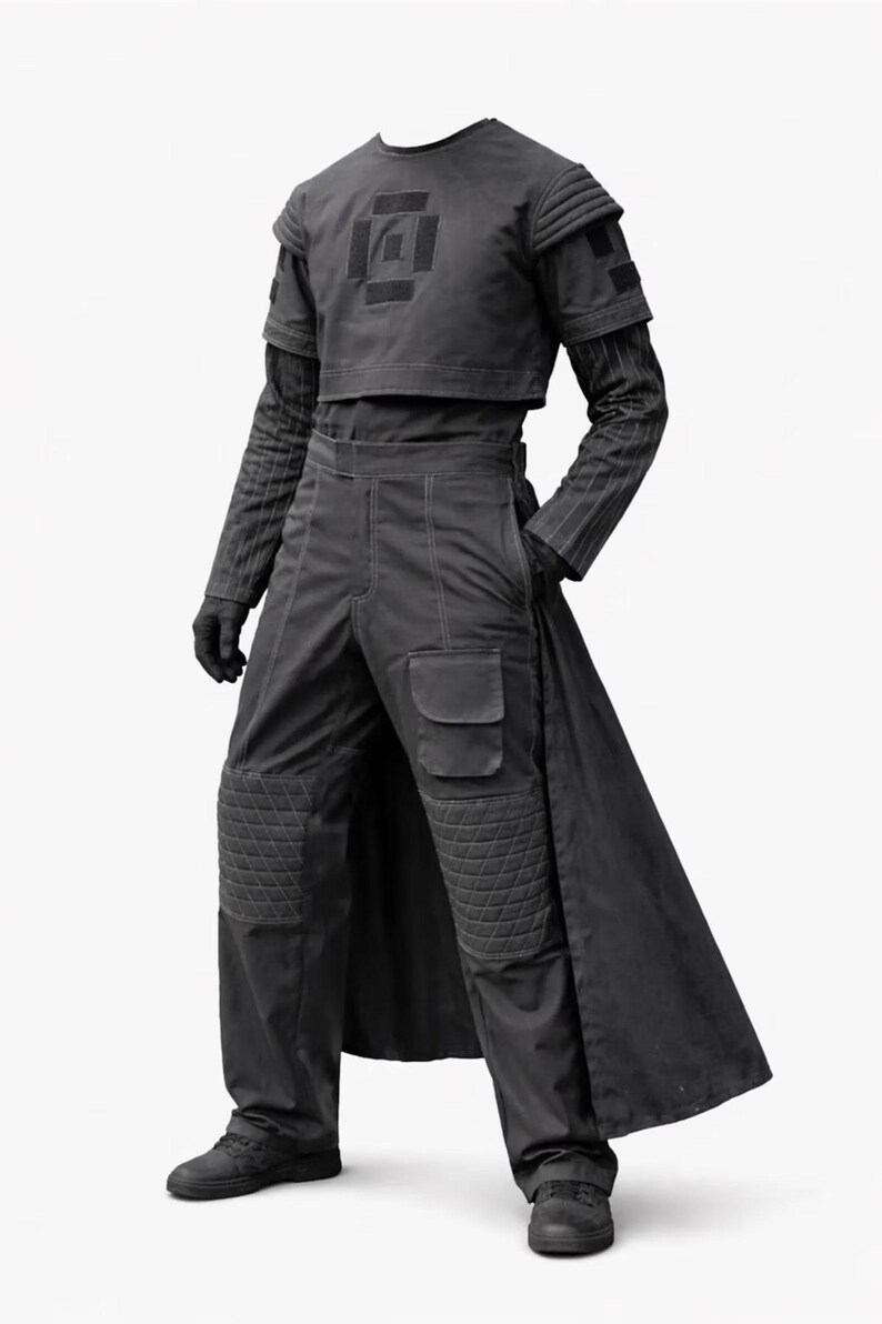 May include: A black outfit consisting of a cropped short-sleeve top with a central square patch, a long-sleeve base layer with ribbed sleeves, and trousers featuring quilted knee panels, a side cargo pocket, and an attached long back panel.