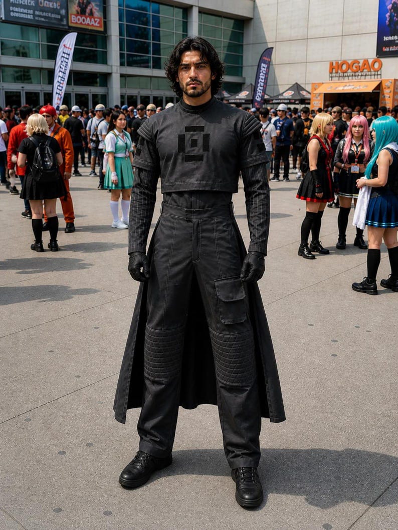 May include: A dark grey tactical-style outfit consisting of a cropped long-sleeve top with a central square emblem, matching high-waisted trousers with quilted knee panels, a side cargo pocket, and an attached long back panel, paired with black gloves.