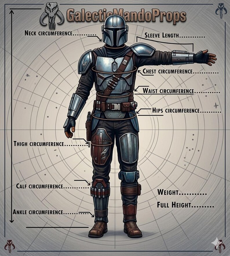 May include: A technical illustration of a full-body suit of armour featuring a metallic helmet, chest plate, shoulder pauldrons, and leg guards. The diagram includes labels for neck, sleeve, chest, waist, hip, thigh, calf, and ankle circumference.