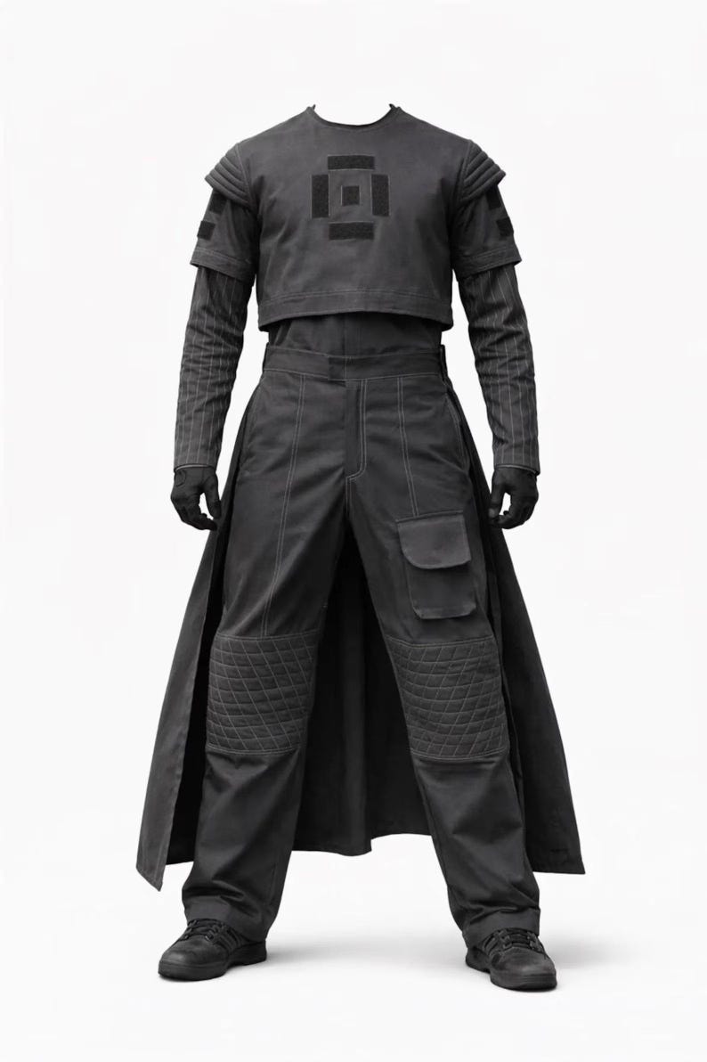 May include: A dark grey ensemble consisting of a cropped short-sleeve top with a central square emblem, layered over a pinstriped long-sleeve shirt. The matching trousers feature a long back panel, quilted knee patches, and a cargo pocket.