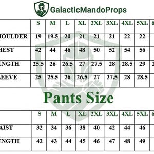 May include: A size chart for clothing featuring two tables with dark green text on a white background. The top table lists shoulder, chest, length, and sleeve measurements for sizes S through 6XL. The bottom table lists waist and length for pants.