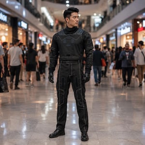 May include: A black tactical-style outfit consisting of a long-sleeved mock neck top with structured shoulder panels and matching trousers. The garments feature visible white contrast stitching, rectangular patch details, and black leather gloves.