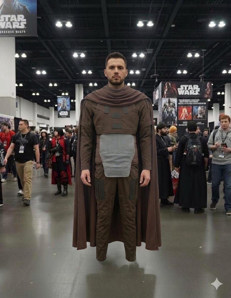 May include: A brown long-sleeved tunic with a matching cape, featuring a light grey rectangular chest plate and dark brown rectangular accents on the shoulders and thighs. The garment is worn with matching brown trousers in a coordinated set.
