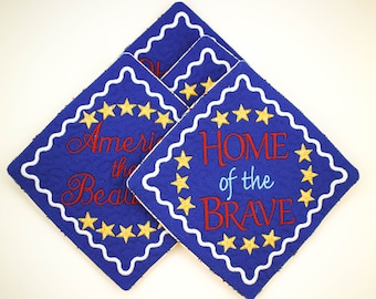 Set of 4 Patriotic Coasters, Red White Blue Coaster set, Home of the Brave, Fabric drink trivet, gift under 20, table protector, cup holder