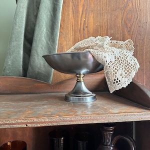 Vintage Silver Tone Pedestal Bowl, Brass Detail Compote, Dark Academia Decor