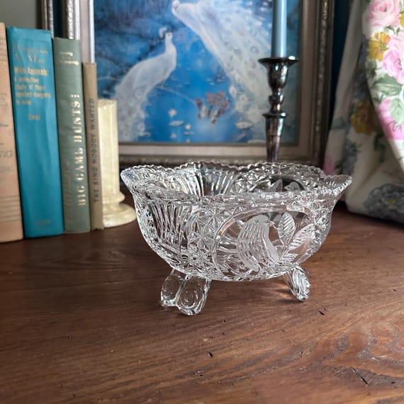 Vintage Crystal Footed Bowl, Birds and Leaves Crystal Compote, Cut Crystal Candy Dish, Ornate Crystal Centerpiece Bowl