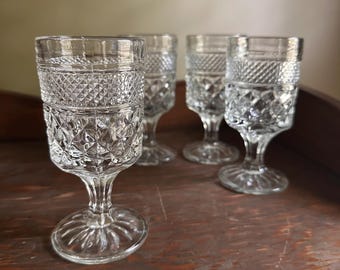 Vintage Anchor Hocking Wexford Goblets Set of 4, Pressed Glass Wine Glasses, Textured Cottage Table, Clear Patterned Glassware