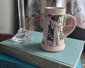 Antique German Art Nouveau Pottery Stein, Classical Maiden Relief Tankard, Jugendstil Decor