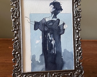 Original Ink Figure Drawing in Vintage Frame, Framed Artwork, Small Wall Art, Gothic Decor