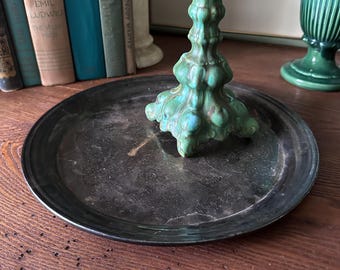 Vintage Patinaed Silverplate Tray, Dark Academia Metal Serving Tray, Engraved Round Butler Tray, Moody Gothic Cottage Decor
