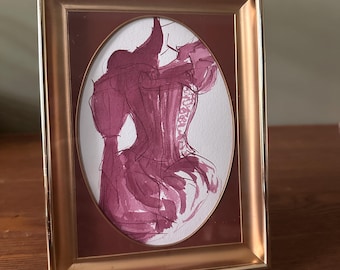 Original Ink Corset Study, Pink Gothic Romantic Oval Artwork, Vintage Frame