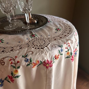 Vintage Hand Embroidered Linen Tablecloth | Large Floral Cross Stitch Tablecloth with Crochet Lace Insets | 98 x 64 Rectangular