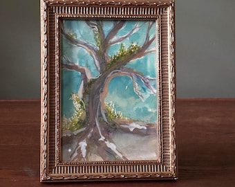 Original Landscape Painting Vintage Frame Small Tree Artwork Moody Nature Study Cottage Wall Decor