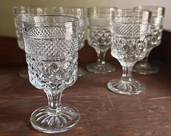 Vintage Anchor Hocking Wexford Goblets Set of 6, Pressed Glass Wine Glasses, Textured Cottage Table, Clear Patterned Glassware