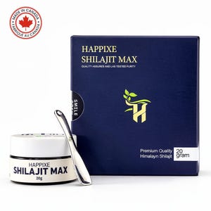 May include: A product shot of Happixe Shilajit Max, including a jar, box, and silver spoon. The jar and box feature white text on a white and dark blue background. The text reads "Quality Assured and Lab Tested Purity." The product is 20 grams.