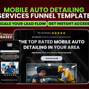 Könnte beinhalten: Eine digitale Marketinggrafik, die mobile Autopflege-Dienstleistungen bewirbt. Das Bild zeigt ein Smartphone und ein Tablet, die die Funktionen des Dienstes präsentieren, darunter eine Schaltfläche "Schedule Here" und Kundenbewertungen. Der Text enthält "Mobile Auto Detailing Services Funnel Template."