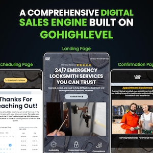 Puede incluir: Anuncio de un motor de ventas digital con el texto "A Comprehensive Digital Sales Engine Built on Gohighlevel". La imagen muestra una p&aacute;gina de destino, una p&aacute;gina de programaci&oacute;n y una p&aacute;gina de confirmaci&oacute;n. La p&aacute;gina de destino promociona servicios de cerrajer&iacute;a de emergencia 24/7.