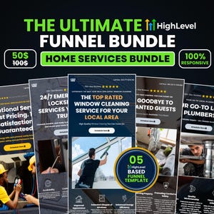 Pode incluir: Um gráfico promocional para um pacote de funil de serviços domésticos. O texto diz "THE ULTIMATE FUNNEL BUNDLE" e "HOME SERVICES BUNDLE". O gráfico inclui vários mockups para diferentes serviços, incluindo limpeza de janelas e canalização.