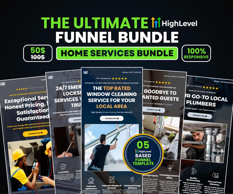 Puede incluir: Un gr&aacute;fico promocional para un paquete de embudo de servicios para el hogar. El texto dice "THE ULTIMATE FUNNEL BUNDLE" y "HOME SERVICES BUNDLE". El gr&aacute;fico incluye varias maquetas para diferentes servicios, incluyendo limpieza de ventanas y fontaner&iacute;a.