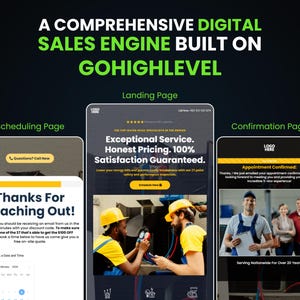 Puede incluir: Motor de ventas digital construido sobre GoHighLevel. La imagen muestra una p&aacute;gina de destino, una p&aacute;gina de programaci&oacute;n y una p&aacute;gina de confirmaci&oacute;n. La p&aacute;gina de destino destaca un servicio excepcional y precios honestos. La p&aacute;gina de programaci&oacute;n dice "&iexcl;Gracias por contactarnos!" y la p&aacute;gina de confirmaci&oacute;n dice "Cita confirmada."