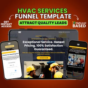 Pode incluir: Um gráfico de marketing digital para serviços de HVAC. A imagem exibe um tablet e dois smartphones mostrando um modelo de funil. O texto inclui "HVAC Services Funnel Template", "Atraia leads de qualidade" e "Serviço excepcional. Preços honestos. 100% de satisfação garantida."