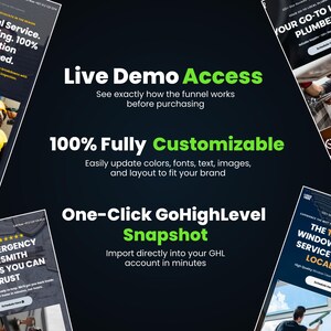 Puede incluir: Fondo oscuro con texto e im&aacute;genes que promocionan servicios empresariales. El texto incluye "Live Demo Access", "100% Fully Customizable" y "One-Click GoHighLevel Snapshot". Las im&aacute;genes muestran fontaneros, cerrajeros y limpiadores de ventanas.