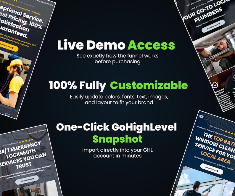 Puede incluir: Fondo oscuro con texto e im&aacute;genes que promocionan servicios empresariales. El texto incluye "Live Demo Access", "100% Fully Customizable" y "One-Click GoHighLevel Snapshot". Las im&aacute;genes muestran fontaneros, cerrajeros y limpiadores de ventanas.