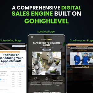 Puede incluir: Un gr&aacute;fico de marketing digital con el texto "A Comprehensive Digital Sales Engine Built on Gohighlevel". La imagen muestra ejemplos de una p&aacute;gina de destino, una p&aacute;gina de programaci&oacute;n y una p&aacute;gina de confirmaci&oacute;n.