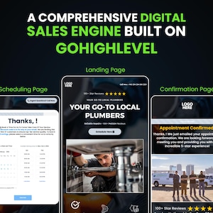 Puede incluir: Motor de ventas digital construido sobre GoHighLevel. La imagen muestra tres pantallas m&oacute;viles: una p&aacute;gina de programaci&oacute;n, una p&aacute;gina de destino con servicios de fontaner&iacute;a y una p&aacute;gina de confirmaci&oacute;n. La p&aacute;gina de destino presenta a un fontanero. El texto incluye "Sus fontaneros locales".