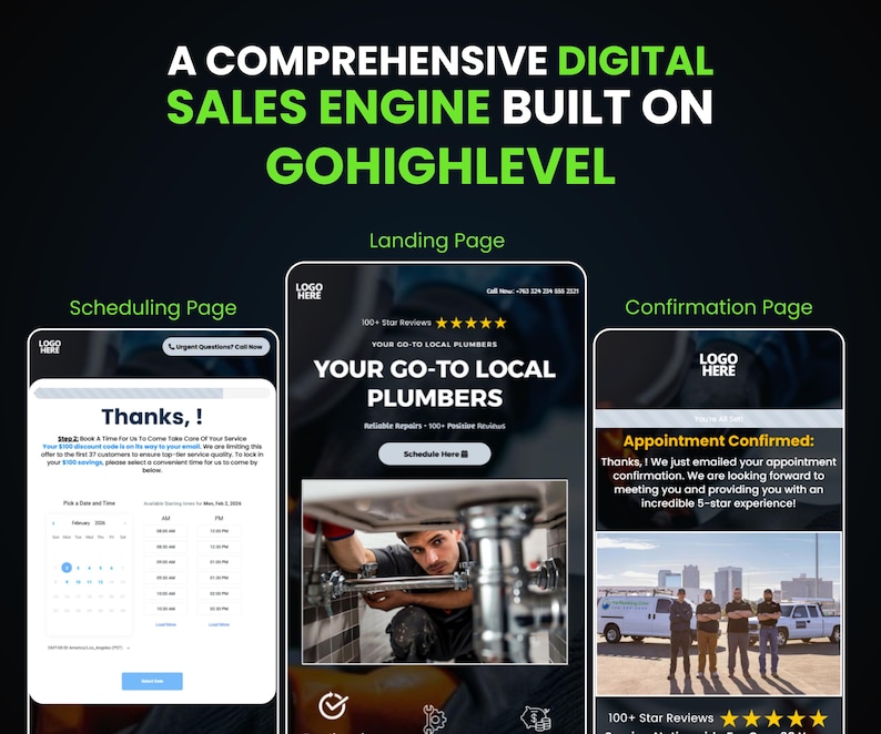 Puede incluir: Motor de ventas digital construido sobre GoHighLevel. La imagen muestra tres pantallas m&oacute;viles: una p&aacute;gina de programaci&oacute;n, una p&aacute;gina de destino con servicios de fontaner&iacute;a y una p&aacute;gina de confirmaci&oacute;n. La p&aacute;gina de destino presenta a un fontanero. El texto incluye "Sus fontaneros locales".