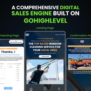 Puede incluir: Un motor de ventas digital construido en GoHighLevel, que muestra una p&aacute;gina de programaci&oacute;n, una p&aacute;gina de destino y una p&aacute;gina de confirmaci&oacute;n. La p&aacute;gina de destino destaca un servicio de limpieza de ventanas con un trabajador limpiando una ventana.