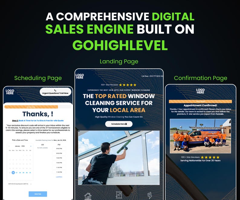 Puede incluir: Un motor de ventas digital construido en GoHighLevel, que muestra una p&aacute;gina de programaci&oacute;n, una p&aacute;gina de destino y una p&aacute;gina de confirmaci&oacute;n. La p&aacute;gina de destino destaca un servicio de limpieza de ventanas con un trabajador limpiando una ventana.