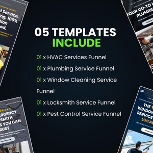 Puede incluir: Una imagen promocional sobre un fondo oscuro, que anuncia servicios a domicilio. El texto destaca "05 TEMPLATES INCLUDE" para HVAC, fontaner&iacute;a, limpieza de ventanas, cerrajer&iacute;a y control de plagas. Texto adicional incluye "Servicio excepcional".