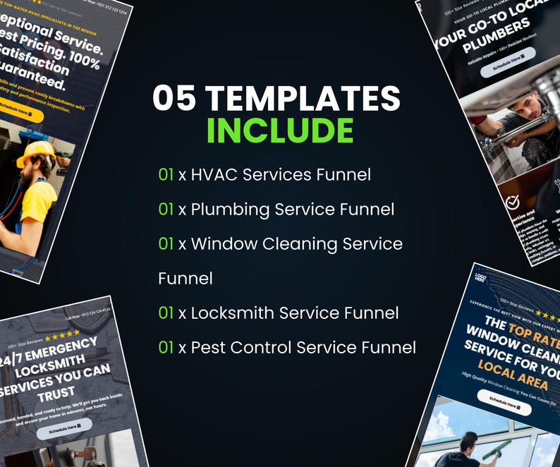 Puede incluir: Una imagen promocional sobre un fondo oscuro, que anuncia servicios a domicilio. El texto destaca "05 TEMPLATES INCLUDE" para HVAC, fontaner&iacute;a, limpieza de ventanas, cerrajer&iacute;a y control de plagas. Texto adicional incluye "Servicio excepcional".
