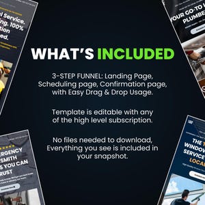 Puede incluir: Un fondo oscuro con el texto "WHAT'S INCLUDED" en verde. La imagen incluye texto sobre un embudo de 3 pasos, plantillas editables y no se necesitan descargas. Texto adicional promociona servicios locales.