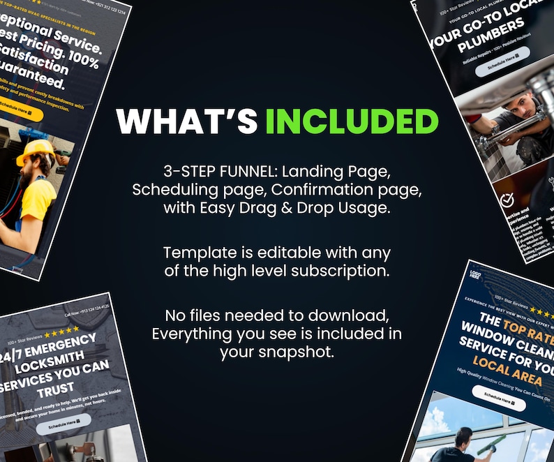 Puede incluir: Un fondo oscuro con el texto "WHAT'S INCLUDED" en verde. La imagen incluye texto sobre un embudo de 3 pasos, plantillas editables y no se necesitan descargas. Texto adicional promociona servicios locales.