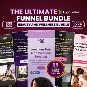 May include: A promotional graphic for a beauty and wellness funnel bundle. The image features several mockups of landing pages with text such as "Luminous Hair with Premium Products" and "The Glowing Skin We Always Wanted". The bundle is 100% responsive.