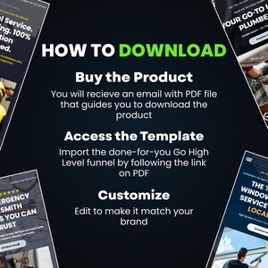 Puede incluir: Un fondo oscuro con el texto "HOW TO DOWNLOAD" en blanco y verde. El texto describe los pasos para descargar un producto: Comprar, Acceder y Personalizar. Tambi&eacute;n se incluyen anuncios de servicios para fontaneros, cerrajeros y limpiadores de ventanas.