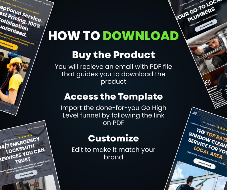 Puede incluir: Un fondo oscuro con el texto "HOW TO DOWNLOAD" en blanco y verde. El texto describe los pasos para descargar un producto: Comprar, Acceder y Personalizar. Tambi&eacute;n se incluyen anuncios de servicios para fontaneros, cerrajeros y limpiadores de ventanas.