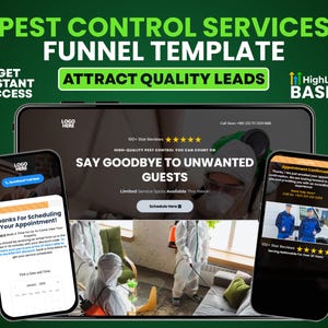 Könnte beinhalten: Eine digitale Marketinggrafik für Schädlingsbekämpfungsdienste. Das Design zeigt ein Smartphone und ein Tablet, die eine Website-Vorlage mit dem Text "Pest Control Services Funnel Template" und "Attract Quality Leads" anzeigen. Der Hintergrund ist grün.